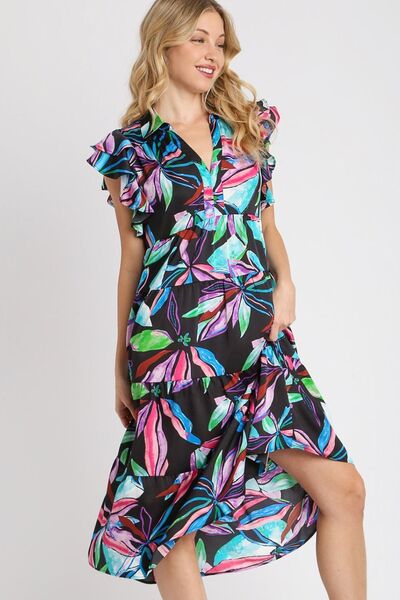 Hazel Blues® | Umgee Leaf Print Double Layered Ruffle Sleeve Tiered Midi Dress