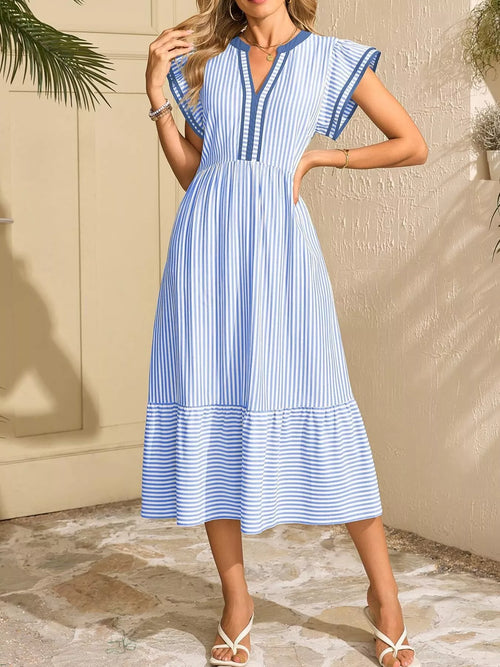 Hazel Blues® |  Striped Notched Ruffle Sleeve Dress