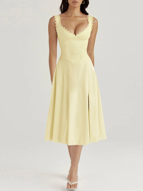 Hazel Blues® |  Scalloped V-Neck Midi Dress with Back Lace-Up