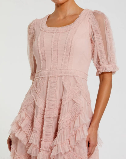 Pink Short Sleeve Micro Ruffle Midi Dress
