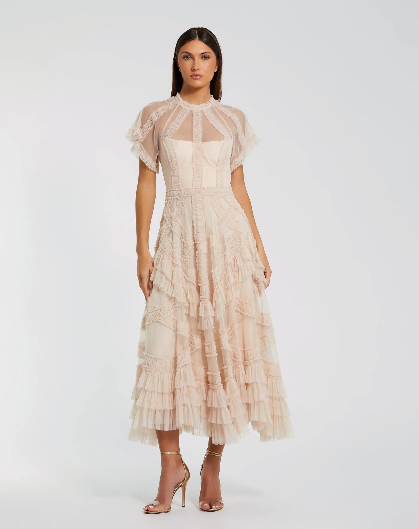 Pink Flutter Sleeve Micro Ruffle Midi Dress