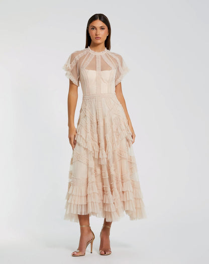 Pink Flutter Sleeve Micro Ruffle Midi Dress