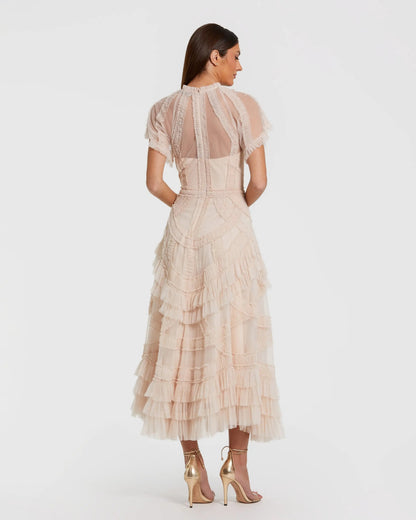 Pink Flutter Sleeve Micro Ruffle Midi Dress