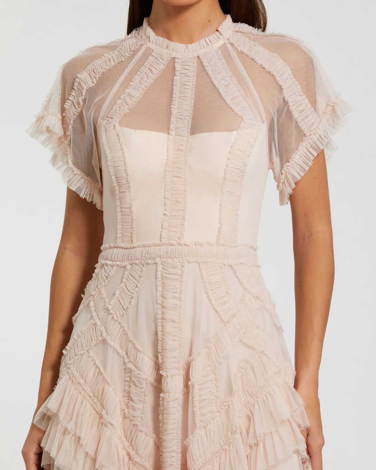 Pink Flutter Sleeve Micro Ruffle Midi Dress