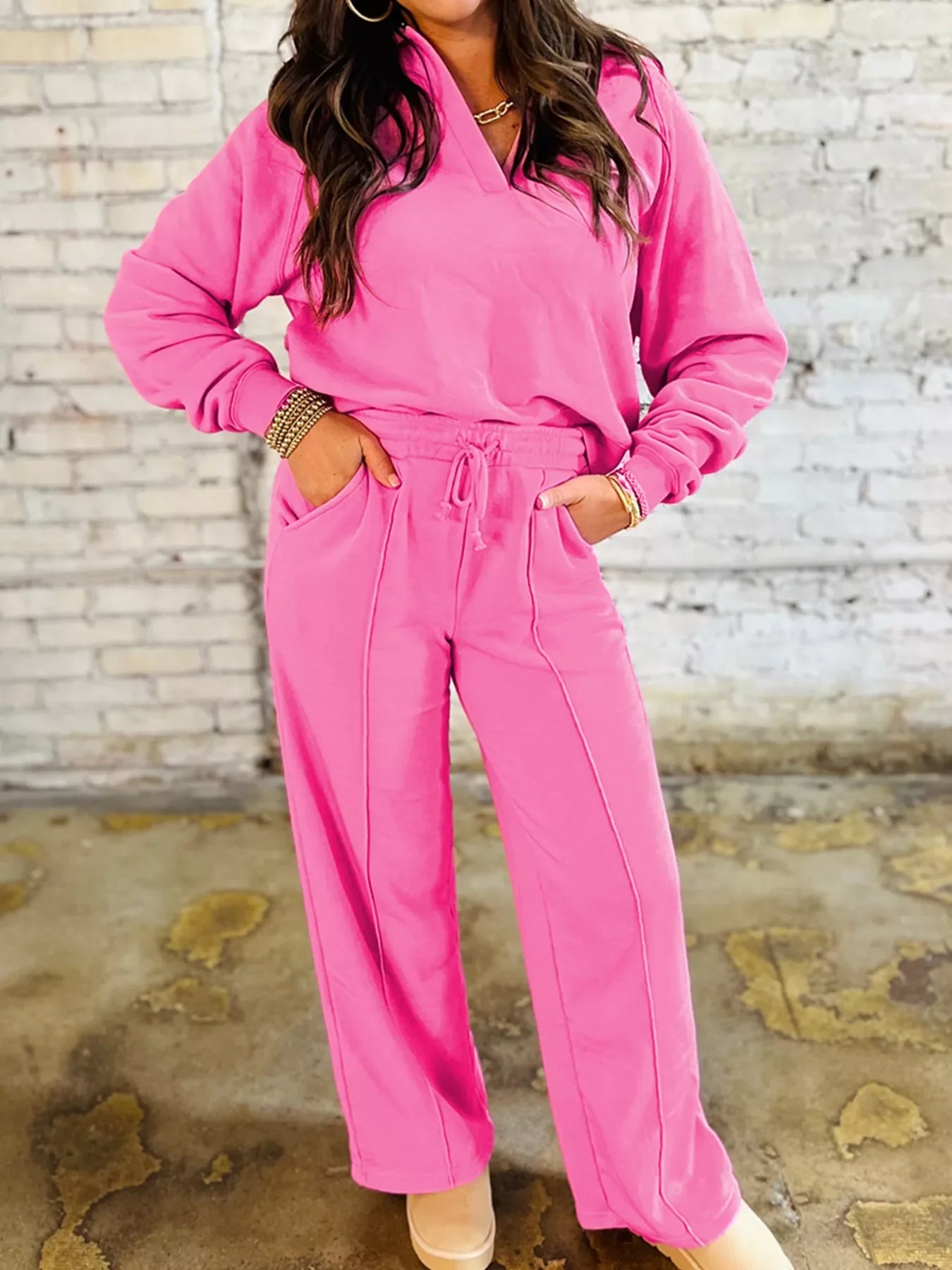 Hazel Blues® |  Solid Color Collared Pullover and Central Seam Pants Set