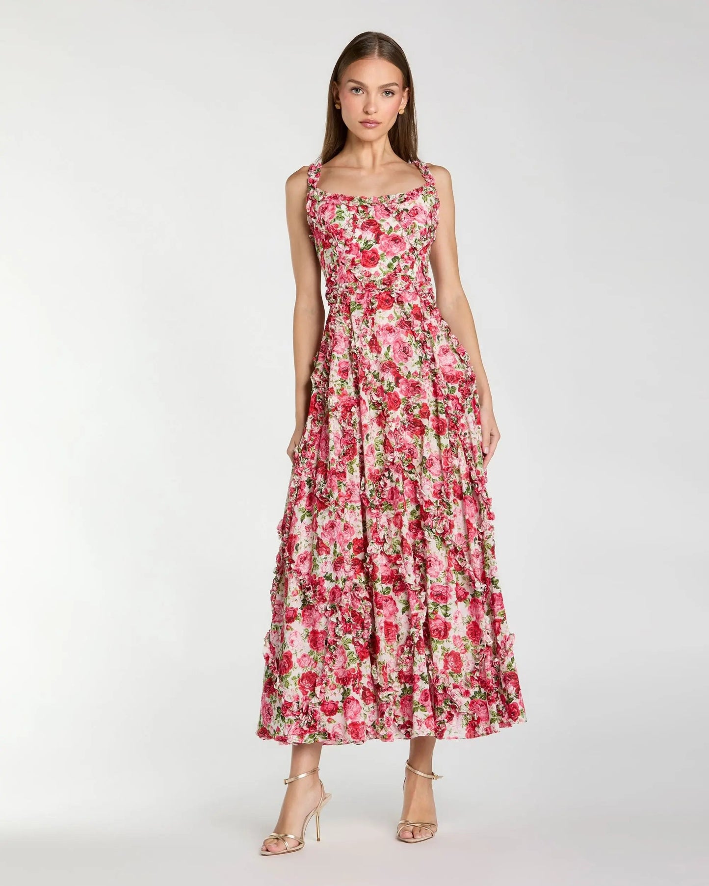 Pink Ruffle Scoop Neck Floral A-Line Dress