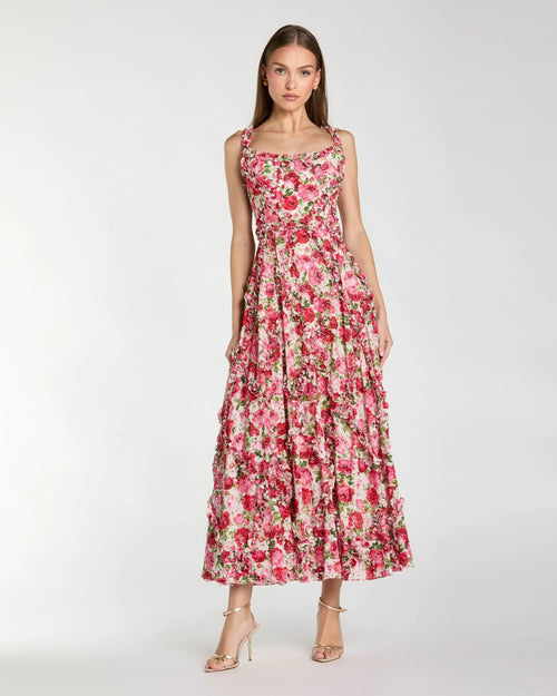 Pink Ruffle Scoop Neck Floral A-Line Dress