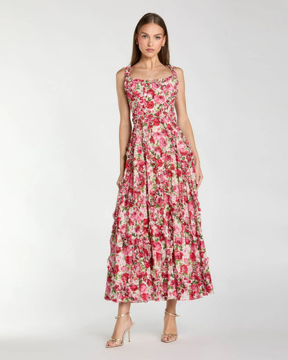 Pink Ruffle Scoop Neck Floral A-Line Dress