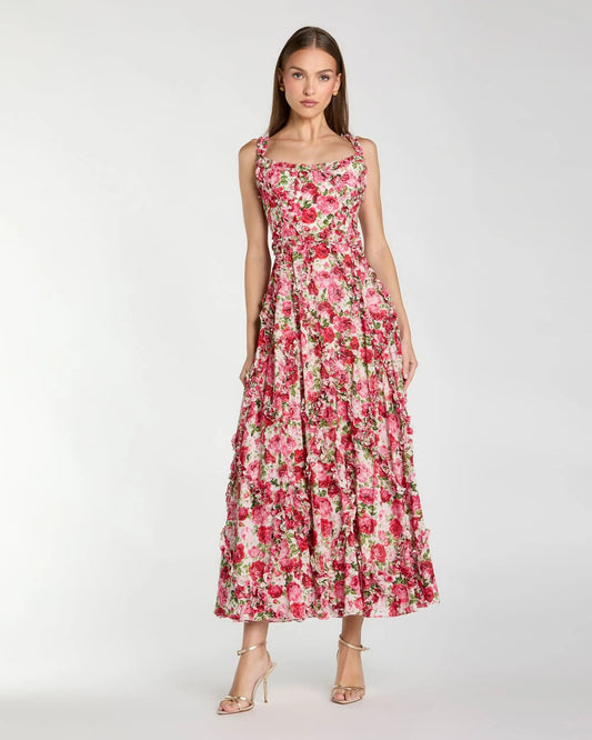 Pink Ruffle Scoop Neck Floral A-Line Dress