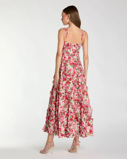 Pink Ruffle Scoop Neck Floral A-Line Dress