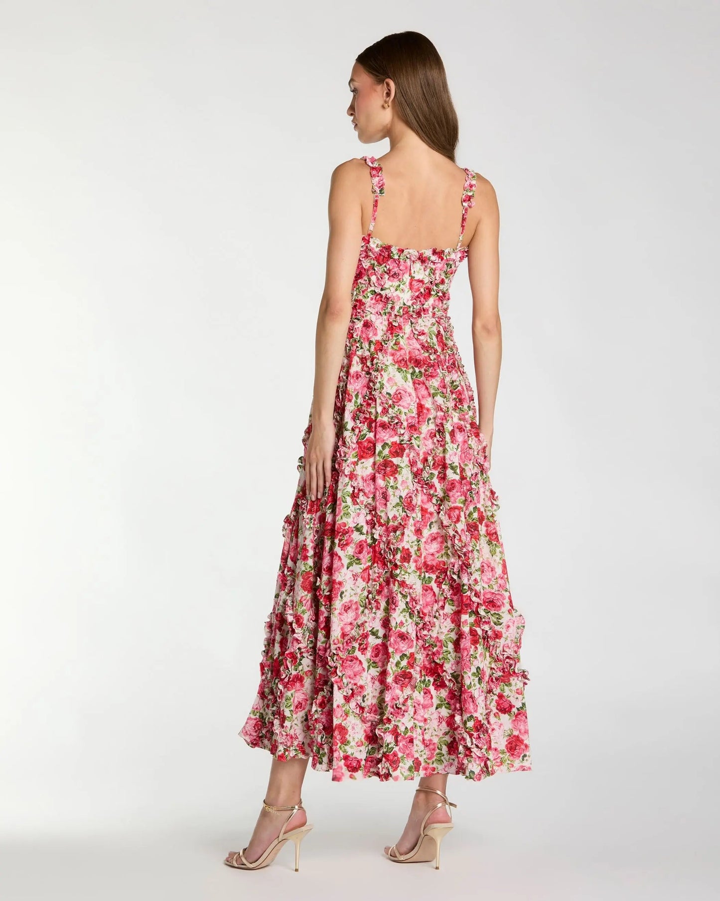 Pink Ruffle Scoop Neck Floral A-Line Dress