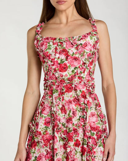 Pink Ruffle Scoop Neck Floral A-Line Dress