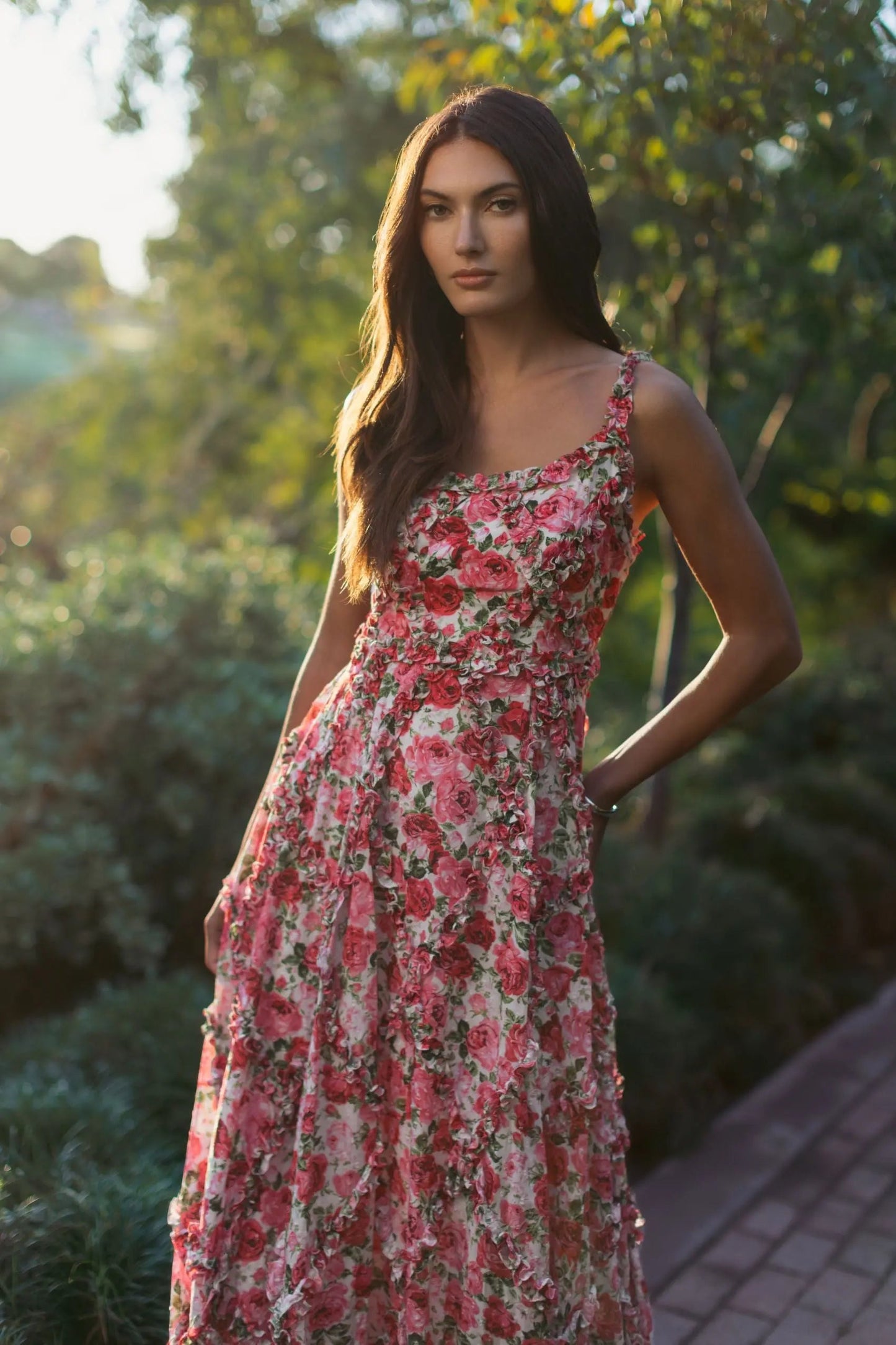 Pink Ruffle Scoop Neck Floral A-Line Dress
