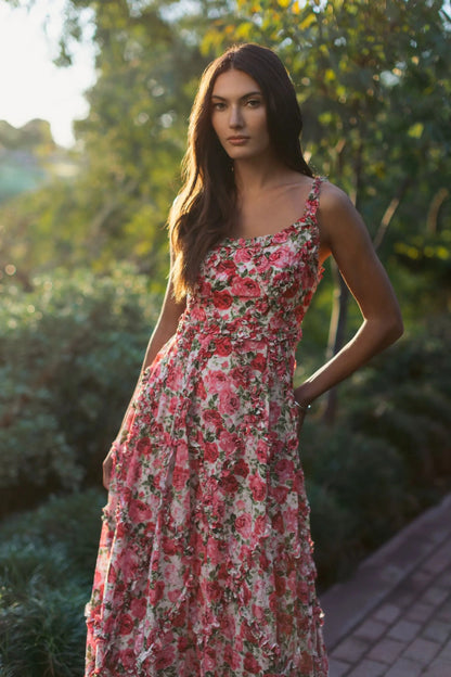 Pink Ruffle Scoop Neck Floral A-Line Dress