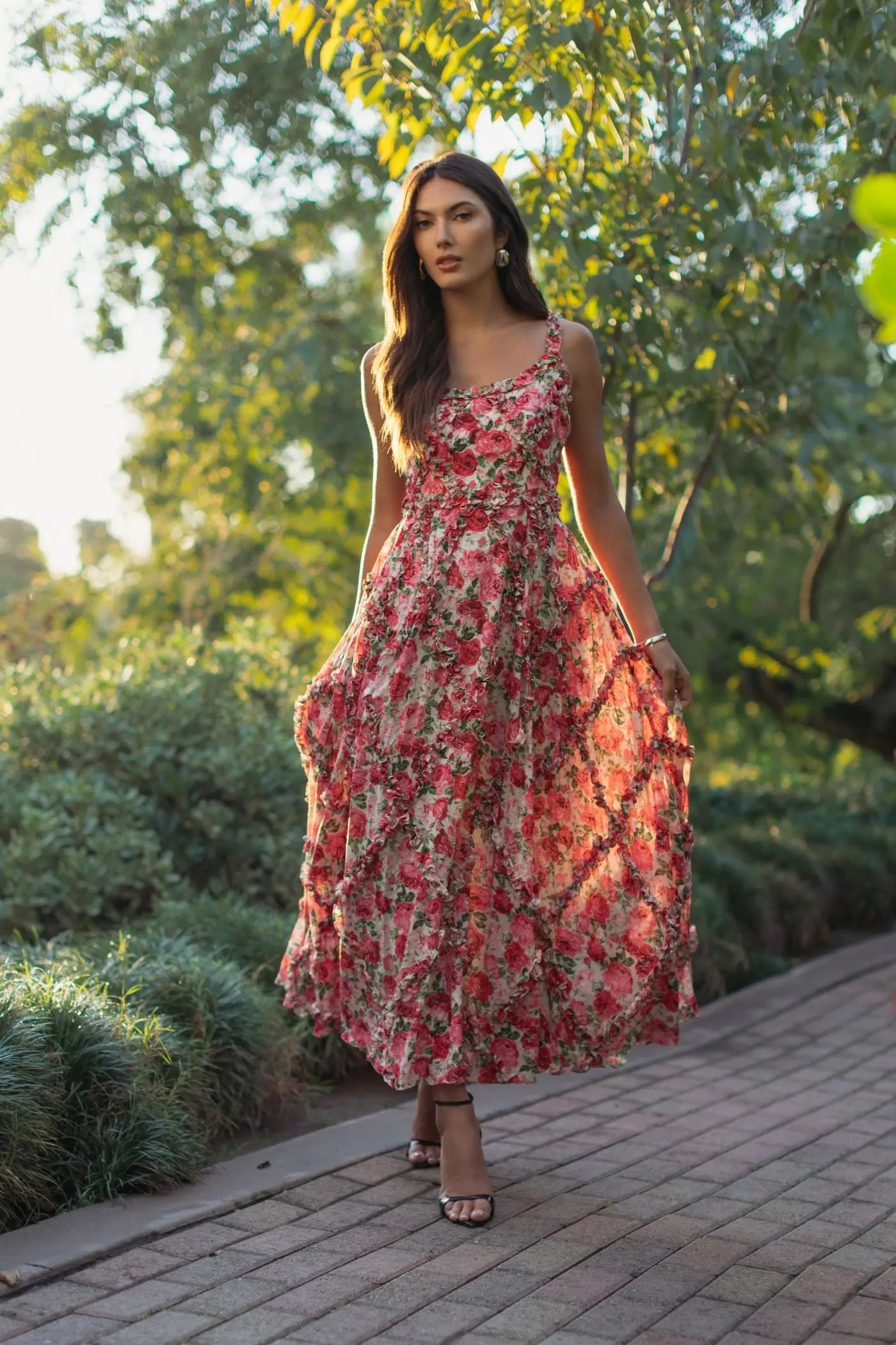 Pink Ruffle Scoop Neck Floral A-Line Dress