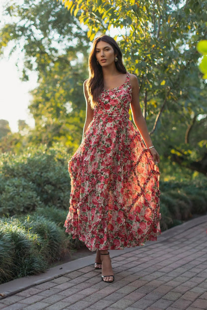 Pink Ruffle Scoop Neck Floral A-Line Dress