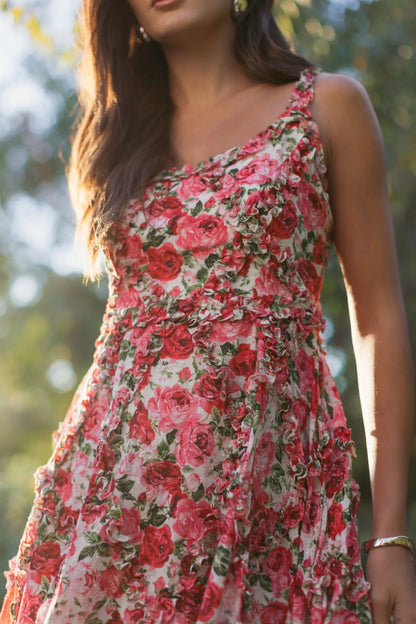 Pink Ruffle Scoop Neck Floral A-Line Dress