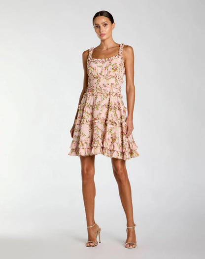 Pink Floral Square Neck Ruffled Cotton Mini Dress