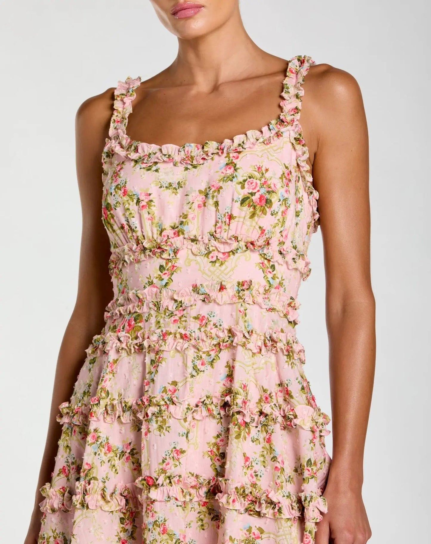 Pink Floral Square Neck Ruffled Cotton Mini Dress