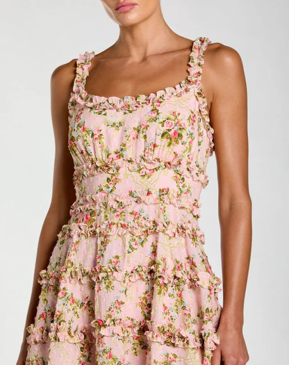 Pink Floral Square Neck Ruffled Cotton Mini Dress