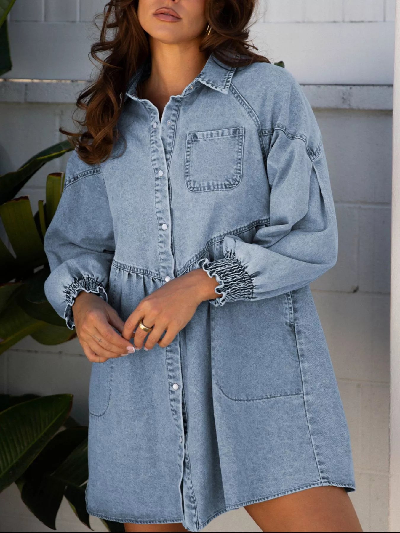 Hazel Blues® |  Smocked Cuffs Flared Denim Shirt Mini Dress