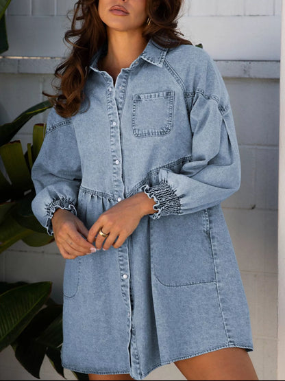 Hazel Blues® |  Smocked Cuffs Flared Denim Shirt Mini Dress