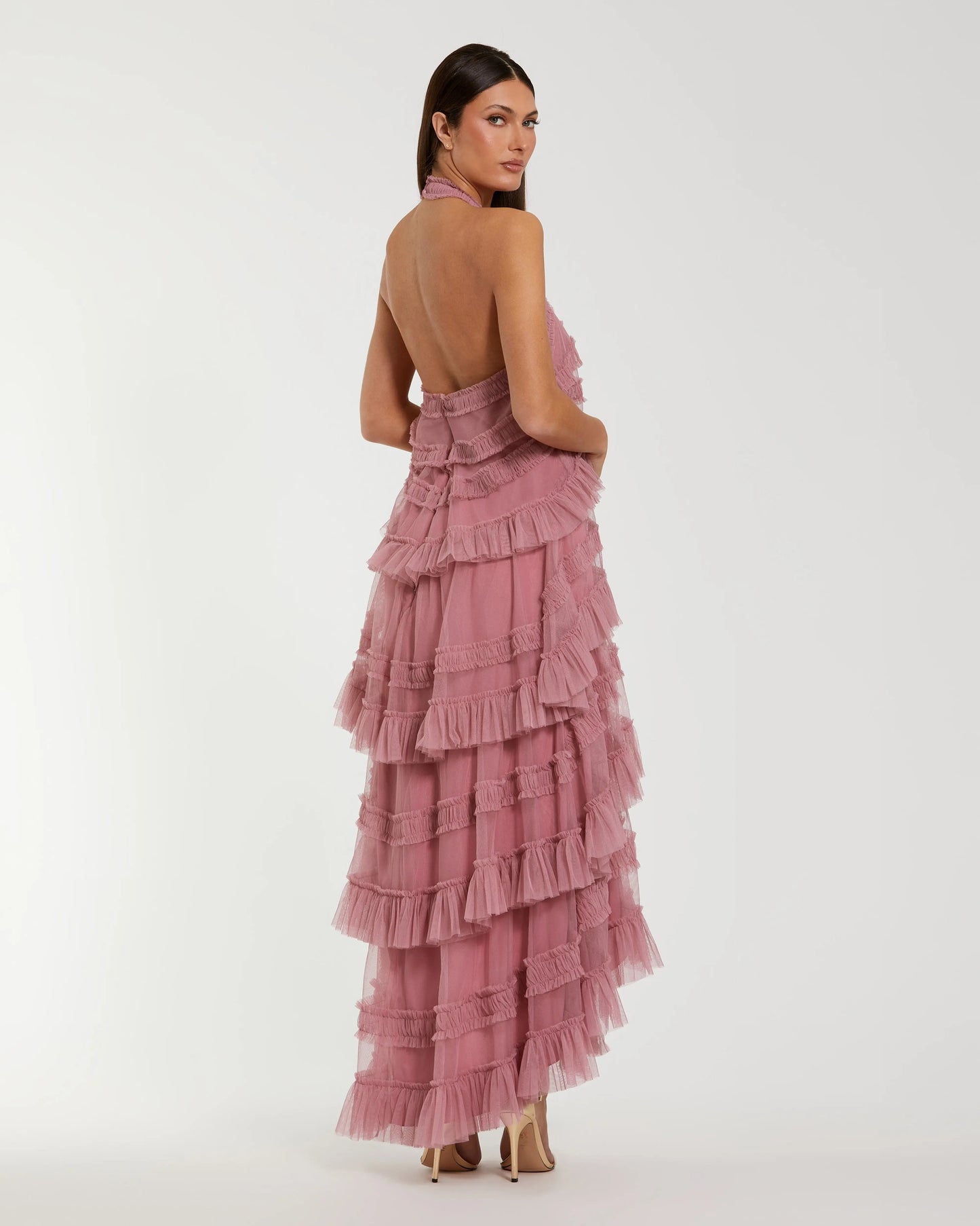 Pink Tiered Ruffle Halter Neck Midi Dress