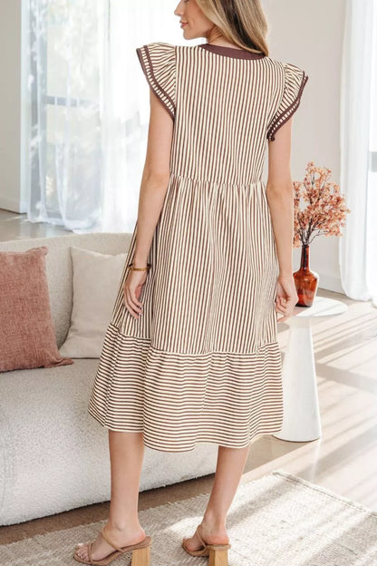 Hazel Blues® | Stripe Slit V Neck Tiered Flutter Sleeve Dress