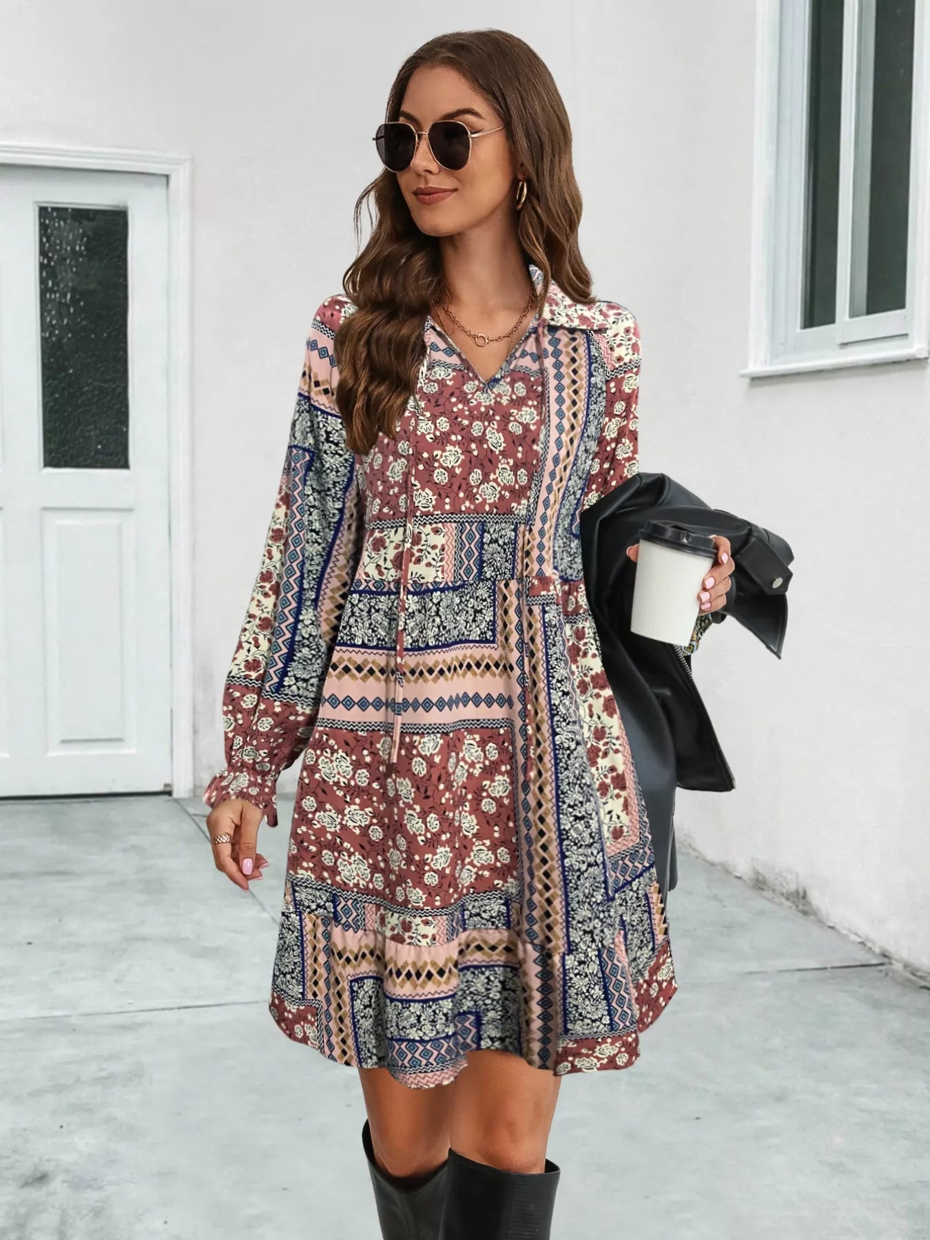Hazel Blues® |  Boho Floral Print Long Sleeve Mini Dress