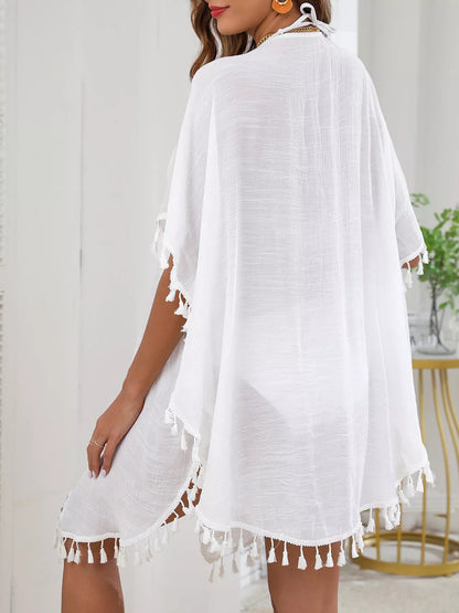 Hazel Blues® | Tassel Trim Tie Front Cover-Up