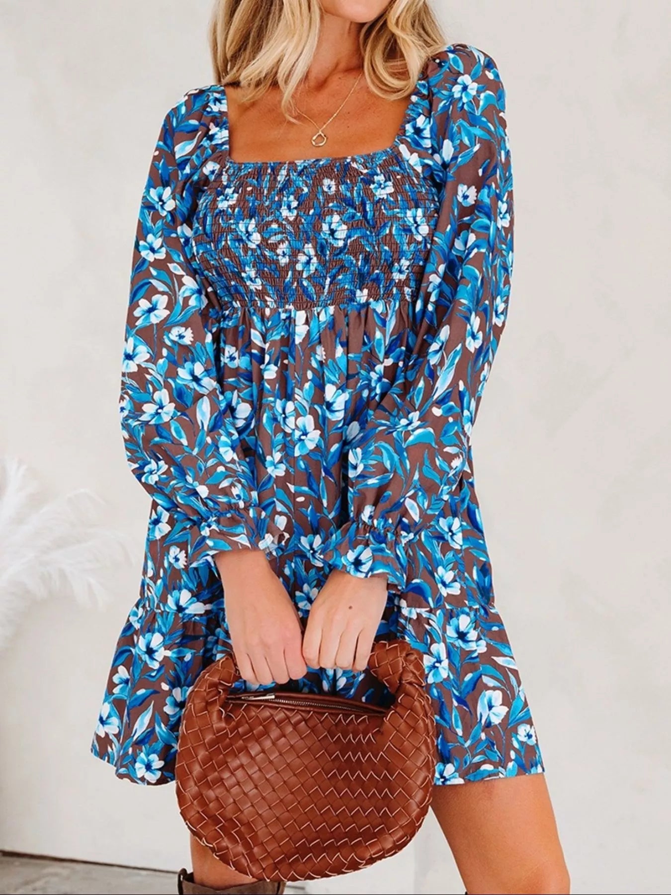 Hazel Blues® |  Smocked Bodice High Waist Ruffled Sleeve Floral Dress