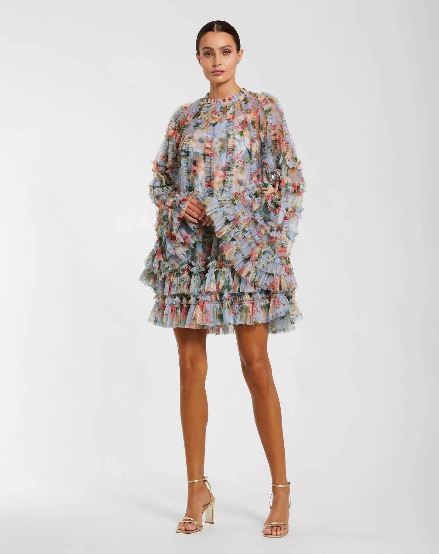 Printed Mesh Ruffle High Neck Mini Dress