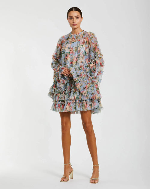 Printed Mesh Ruffle High Neck Mini Dress