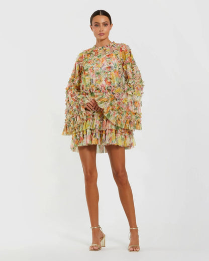 Printed Mesh Ruffle High Neck Mini Dress