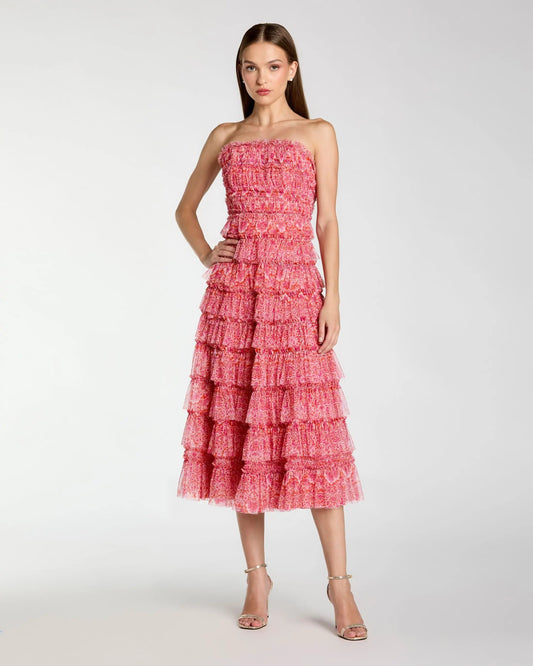 Pink Floral Strapless Ruffle Midi Dress