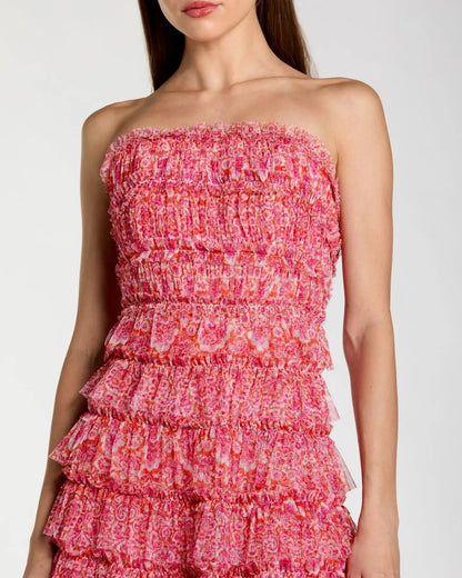 Pink Floral Strapless Ruffle Midi Dress