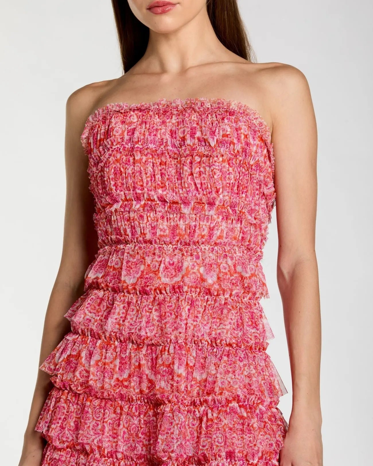 Pink Floral Strapless Ruffle Midi Dress