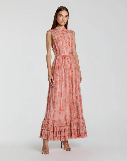 Pink Sleeveless Tiered Ruffle Floral Maxi Dress