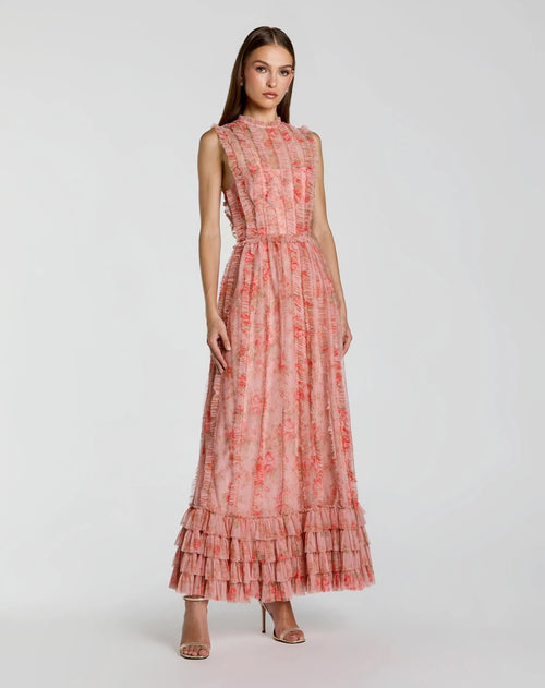 Pink Sleeveless Tiered Ruffle Floral Maxi Dress