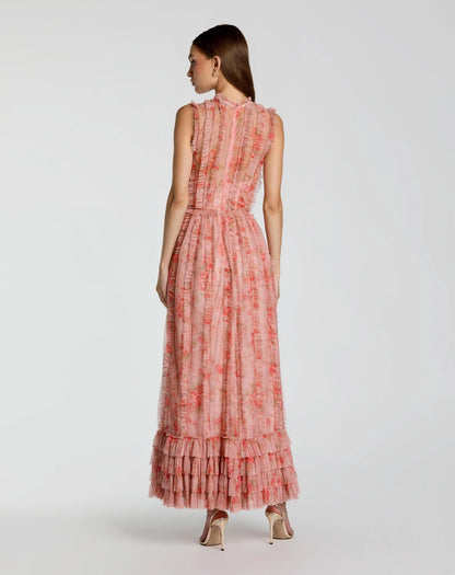 Pink Sleeveless Tiered Ruffle Floral Maxi Dress