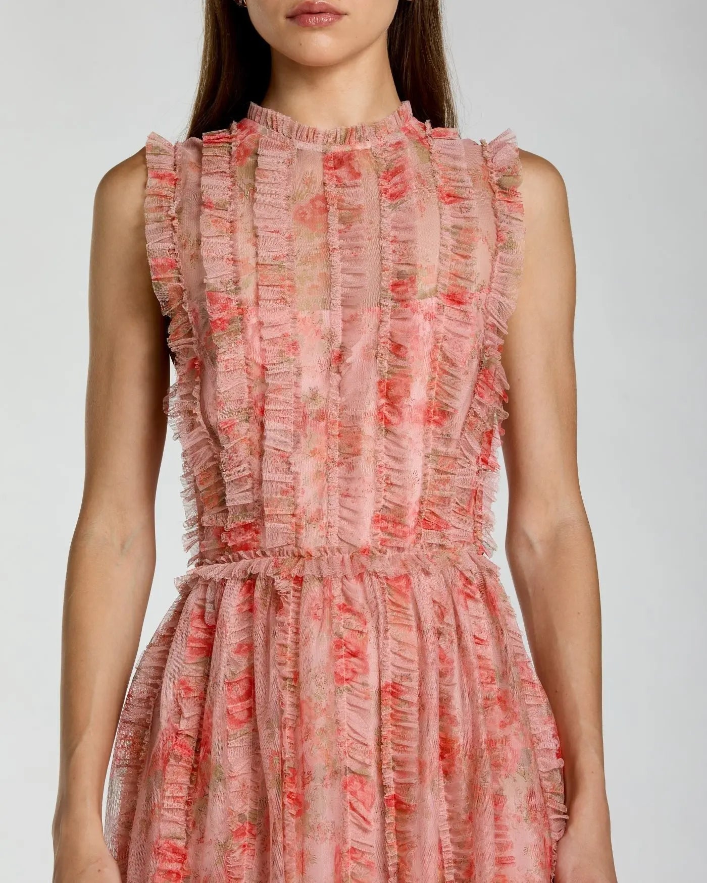 Pink Sleeveless Tiered Ruffle Floral Maxi Dress