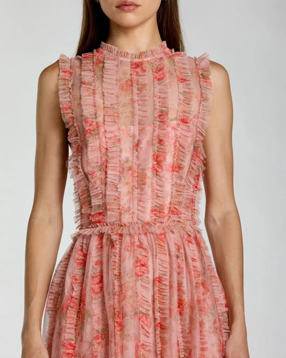 Pink Sleeveless Tiered Ruffle Floral Maxi Dress