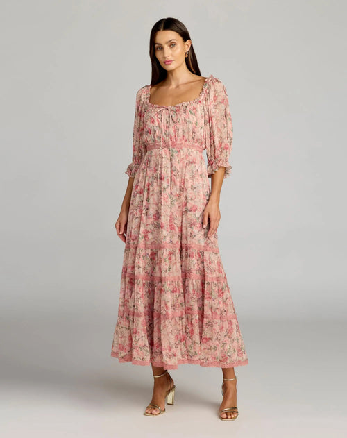 Pink Floral Scoop Neck Midi Dress With 3/4 Sleeves
