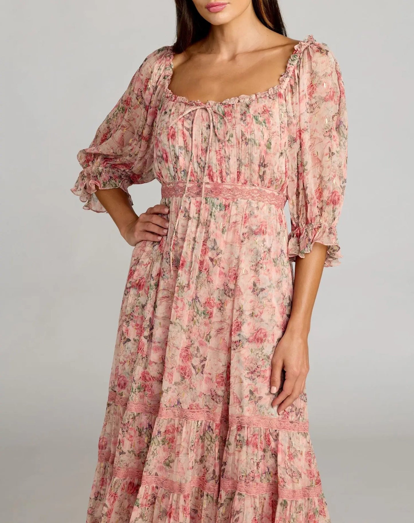 Pink Floral Scoop Neck Midi Dress With 3/4 Sleeves