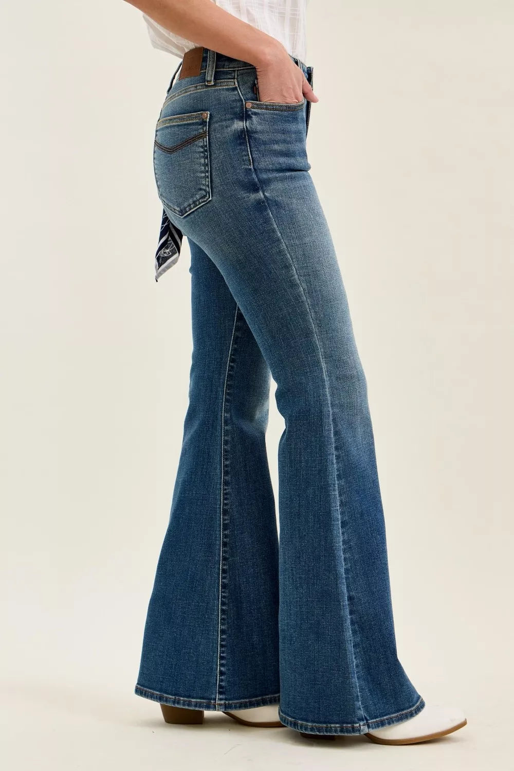 Hazel Blues® |  Judy Blue Mid Rise Jaqueline Flare with Triple Needle Back Pkts and Bandana Loop