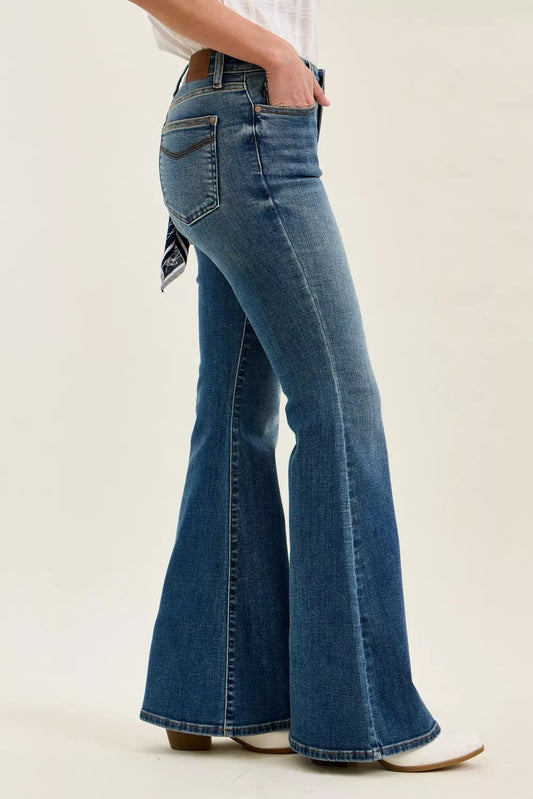 Hazel Blues® |  Judy Blue Mid Rise Jaqueline Flare with Triple Needle Back Pkts and Bandana Loop