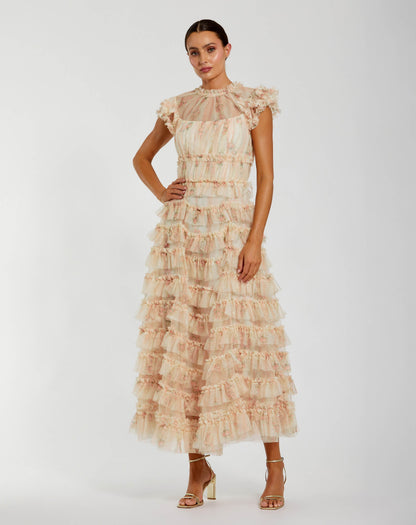 Pink Cap Sleeve Micro Ruffle Floral Midi Dress