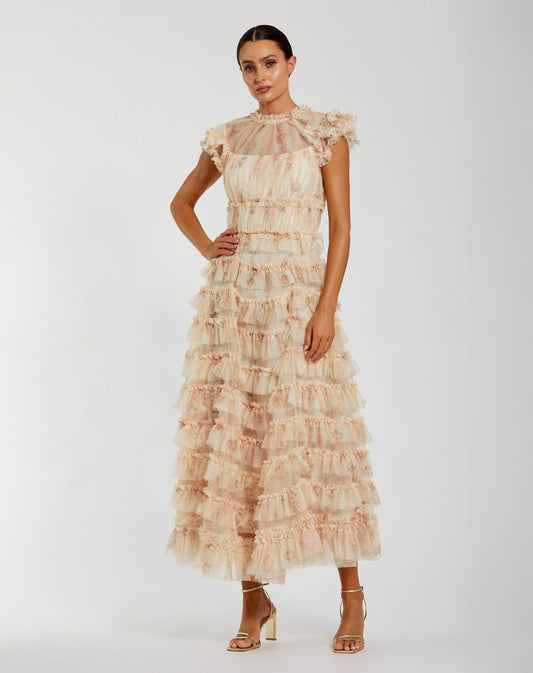 Pink Cap Sleeve Micro Ruffle Floral Midi Dress