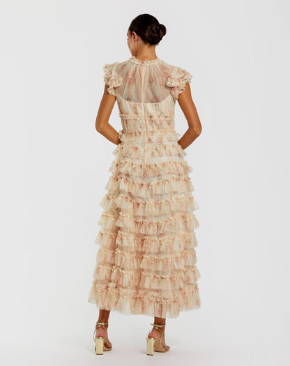 Pink Cap Sleeve Micro Ruffle Floral Midi Dress