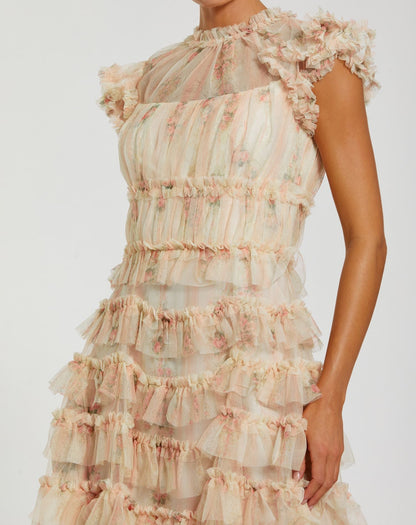 Pink Cap Sleeve Micro Ruffle Floral Midi Dress